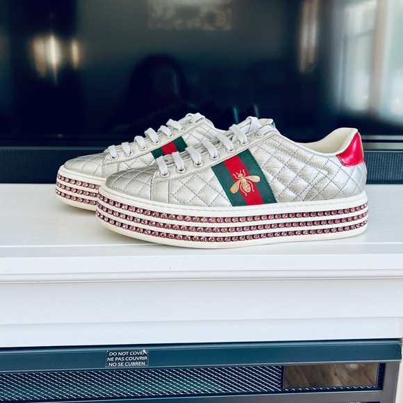 Gucci Silver Quilted Leather Bee Web Ace Crystal Embellished Platform Sneakers - Picture 2 of 16